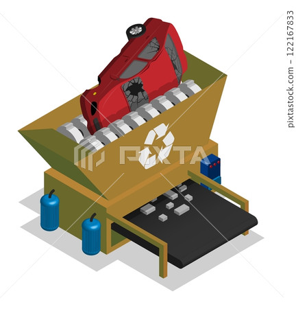 Isometric auger device grinds up car damaged in auto accident for recycling scrap metal. Hydraulic press compresses damaged car on junkyard. Aerial view 3D vector isolated on white background 122167833