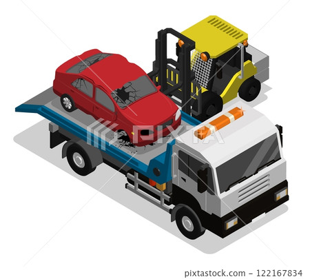 Isometric forklift unloads car damaged in auto accident from tow truck at car dump. Special heavy loading equipment. Aerial view 3D vector isolated on white background 122167834