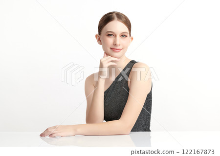 Beautiful young woman with clean fresh skin on white background, Face care, Facial treatment, Cosmetology, beauty and spa, women portrait. 122167873