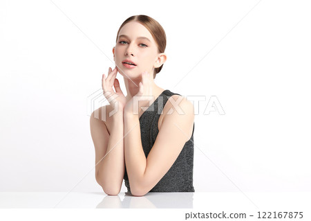 Beautiful young woman with clean fresh skin on white background, Face care, Facial treatment, Cosmetology, beauty and spa, women portrait. 122167875