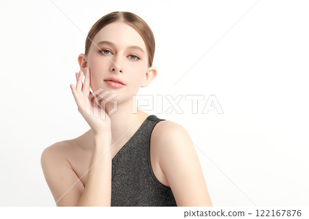 Beautiful young woman with clean fresh skin on white background, Face care, Facial treatment, Cosmetology, beauty and spa, women portrait. 122167876