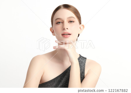 Beautiful young woman with clean fresh skin on white background, Face care, Facial treatment, Cosmetology, beauty and spa, women portrait. 122167882