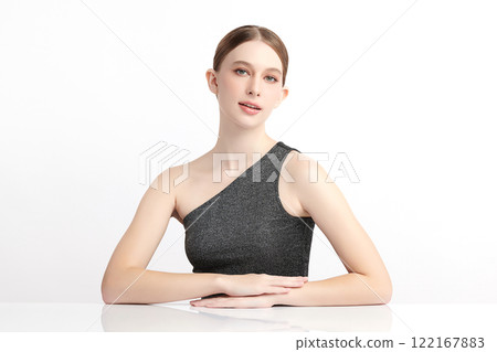 Beautiful young woman with clean fresh skin on white background, Face care, Facial treatment, Cosmetology, beauty and spa, women portrait. 122167883