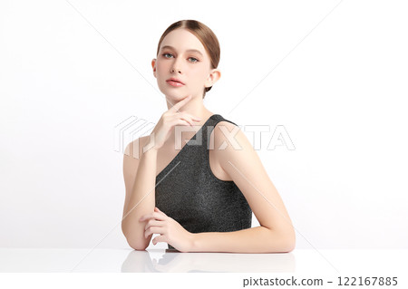 Beautiful young woman with clean fresh skin on white background, Face care, Facial treatment, Cosmetology, beauty and spa, women portrait. Beautiful young woman with clean fresh skin on white background, Face care, Facial treatment, Cosmetology, beauty and spa, women portrait. 122167885