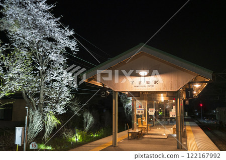 Shimoyoshida Station at night: waiting room on the station platform and illuminated cherry blossoms [Fujiyoshida City, Yamanashi Prefecture] 122167992