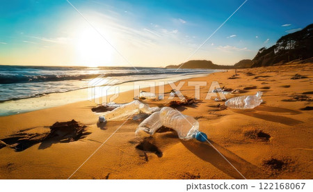 AI image: A large amount of plastic bottles washed up on the beach 122168067
