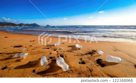 AI image: A large amount of plastic bottles washed up on the beach 122168068