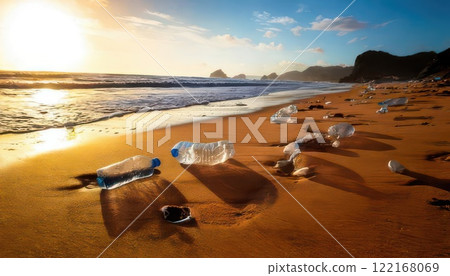 AI image: A large amount of plastic bottles washed up on the beach 122168069