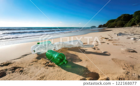 [AI圖片]大量塑膠瓶垃圾被沖上海灘 122168077