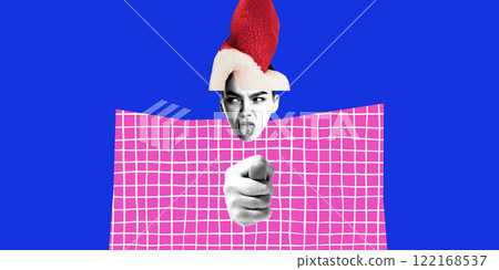 Modern art design. Woman with Santa hat, tongue out, pointing forward on grid background, symbolizing depressive thoughts. 122168537