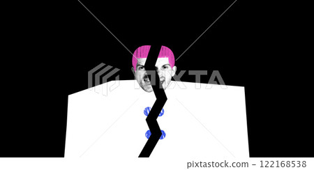Modern art design. Person split into two halves, pink hair, buttons mismatched, reflecting psychological fragmentation, duality of self, and emotional imbalance. 122168538