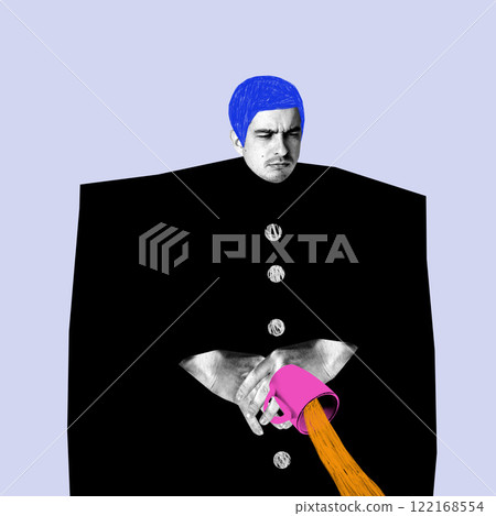 Modern art design. Person with blue hair, wearing black coat, holding pink mug pouring orange liquid, expressing melancholy. Modern art design. Person with blue hair, wearing black coat, holding pink mug pouring orange liquid, expressing melancholy. 122168554