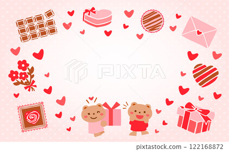 A cute Valentine's Day background frame featuring a couple of adorable bears (animals) holding presents 122168872