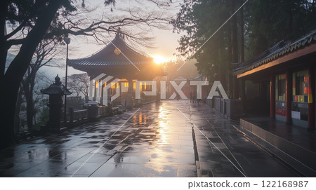 AI-generated image of a shrine in a mountainous area of Japan after the rain and the divine light of the morning sun AI-generated image of a shrine in a mountainous area of Japan after the rain and the divine light of the morning sun 122168987