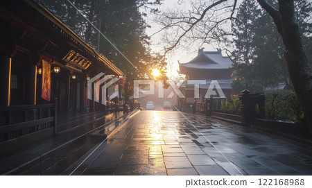 AI-generated image of a shrine in a mountainous area of Japan after the rain and the divine light of the morning sun 122168988