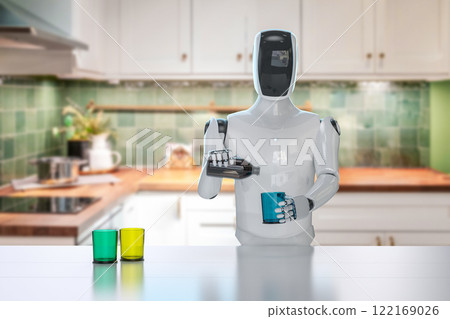Home assistant robot or cyborg in kitchen Home assistant robot or cyborg in kitchen 122169026
