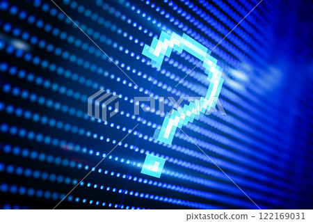 Shining blue question mark on blue background 122169031