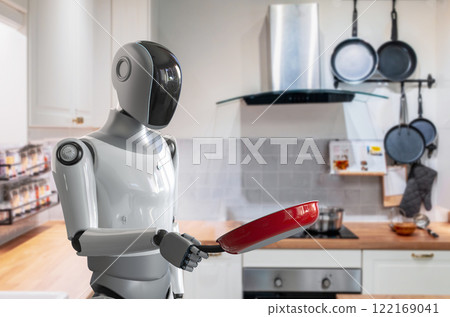 Home assistant robot cooking in kitchen 122169041