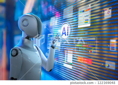 Ai technology with humanoid robot with hud graphic interface 122169048