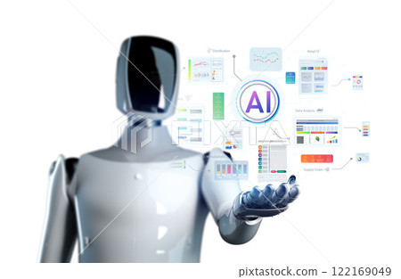 Ai technology with humanoid robot with hud graphic interface Ai technology with humanoid robot with hud graphic interface 122169049