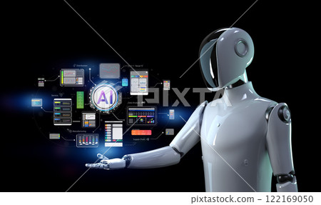 Ai technology with humanoid robot with hud graphic interface Ai technology with humanoid robot with hud graphic interface 122169050