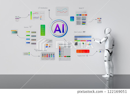 Ai technology with humanoid robot with hud graphic interface Ai technology with humanoid robot with hud graphic interface 122169051