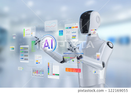 Ai technology with humanoid robot with hud graphic interface Ai technology with humanoid robot with hud graphic interface 122169055