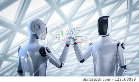 Ai technology with humanoid robot with hud graphic interface Ai technology with humanoid robot with hud graphic interface 122169059