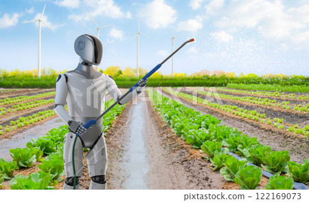 Agriculture technology concept with robotic arm spray fertilizer on field 122169073