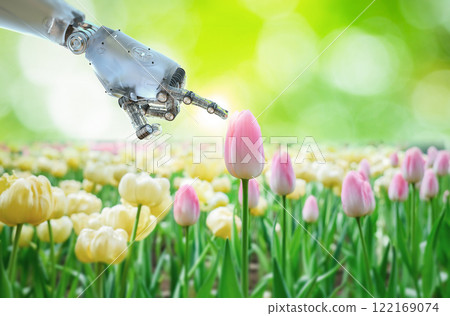 Agriculture technology concept with automation cyborg in tulip garden 122169074