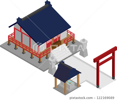 等距神社和寺廟、鳥居、燈籠和 chozuya 等距神社和寺廟、鳥居、燈籠和 chozuya 122169089