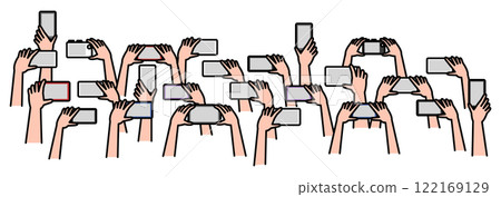 Group of hands holding smartphones and cameras Group of hands holding smartphones and cameras 122169129