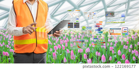 Engineer work with assistant robotic gardener in tulip field Engineer work with assistant robotic gardener in tulip field 122169177