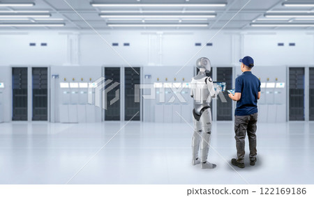 Engineer work together with assistant robot in server room 122169186