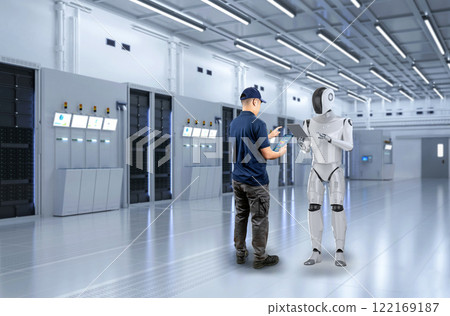 Engineer work together with assistant robot in server room Engineer work together with assistant robot in server room 122169187