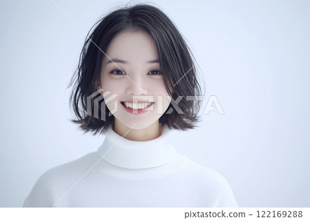 AI-generated image of a beautiful woman wearing a knitted sweater 122169288