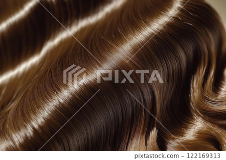 Close-up of shiny brown hair with gentle, flowing waves that display a radiant and healthy sheen. Beauty, grooming, or haircare themes, elegance and high-quality hair products. Hair extensions 122169313
