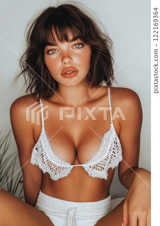 Portrait of a woman with short hair wearing minimal sexy stylish lace swimwear against a neutral background. Erotic, sensual shot of young sexy brunette. Perfect body shape, sexy model 122169364