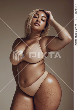 Beautiful and confident plus size woman with curly hair and freckles, posing under warm natural light. She is wearing stylish swimwear, body positive, perfect curly body. 122169366