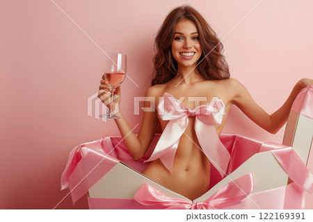 Nude woman dressed in a decorative pink silk ribbon with bow. Naked sexy woman is sitting in big gift box with wine glass. Love, romantic, celebration concept, flirting, objectification, erotic. Nude woman dressed in a decorative pink silk ribbon with bow. Naked sexy woman is sitting in big gift box with wine glass. Love, romantic, celebration concept, flirting, objectification, erotic. 122169391
