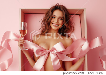 Nude woman dressed in a decorative pink silk ribbon with bow. Naked sexy woman is sitting in big gift box with wine glass. Love, romantic, celebration concept, flirting, objectification, erotic. 122169392
