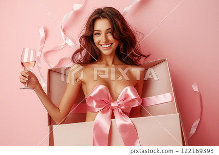 Nude woman dressed in a decorative pink silk ribbon with bow. Naked sexy woman is sitting in big gift box with wine glass. Love, romantic, celebration concept, flirting, objectification, erotic. Nude woman dressed in a decorative pink silk ribbon with bow. Naked sexy woman is sitting in big gift box with wine glass. Love, romantic, celebration concept, flirting, objectification, erotic. 122169393