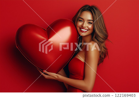 A cheerful young woman holding a reflective metallic red heart while standing against a vibrant red backdrop. Love, romantic and happiness, the Valentine's themed composition. 122169403