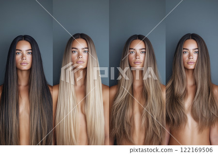 Four perspectives of a young woman showcasing variations in natural hair styles and textures. Choosing a haircut, hair color. Hairstyle, dyed hair, coloring, hair extension, cure, treatment concept. Four perspectives of a young woman showcasing variations in natural hair styles and textures. Choosing a haircut, hair color. Hairstyle, dyed hair, coloring, hair extension, cure, treatment concept. 122169506