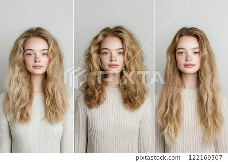 Perspectives of a young woman showcasing variations in natural hair styles and textures. Choosing a haircut, hair color. Hairstyle, dyed hair, coloring, hair extension, cure, treatment concept. 122169507