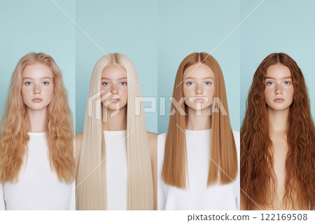 Four perspectives of a young woman showcasing variations in natural hair styles and textures. Choosing a haircut, hair color. Hairstyle, dyed hair, coloring, hair extension, cure, treatment concept. 122169508