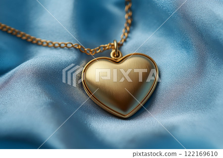 Golden heart-shaped necklace on a blue satin fabric. Love and elegance, romantic gifts. Saint Valentine's Day concept. Jewelry symbolizing love, care, and sophistication. Golden heart-shaped necklace on a blue satin fabric. Love and elegance, romantic gifts. Saint Valentine's Day concept. Jewelry symbolizing love, care, and sophistication. 122169610
