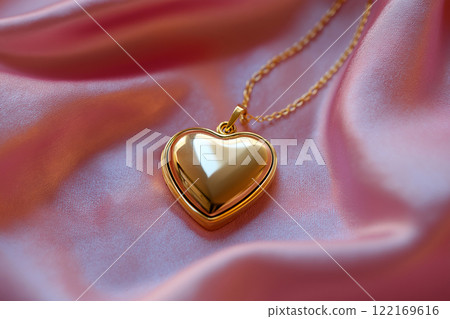 Golden heart-shaped necklace on a pink satin fabric. Love and elegance, romantic gifts. Saint Valentine's Day concept. Jewelry symbolizing love, care, and sophistication. Golden heart-shaped necklace on a pink satin fabric. Love and elegance, romantic gifts. Saint Valentine's Day concept. Jewelry symbolizing love, care, and sophistication. 122169616