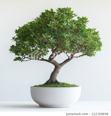 A lush green indoor tree planted in a contemporary ceramic pot, isolated against white background. Vibrant foliage and perfect aesthetic for interior spaces and modern home decoration. 122169646