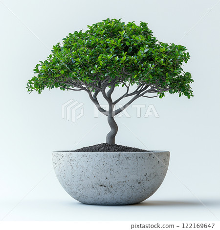 A lush green indoor tree planted in a contemporary ceramic pot, isolated against white background. Vibrant foliage and perfect aesthetic for interior spaces and modern home decoration. 122169647